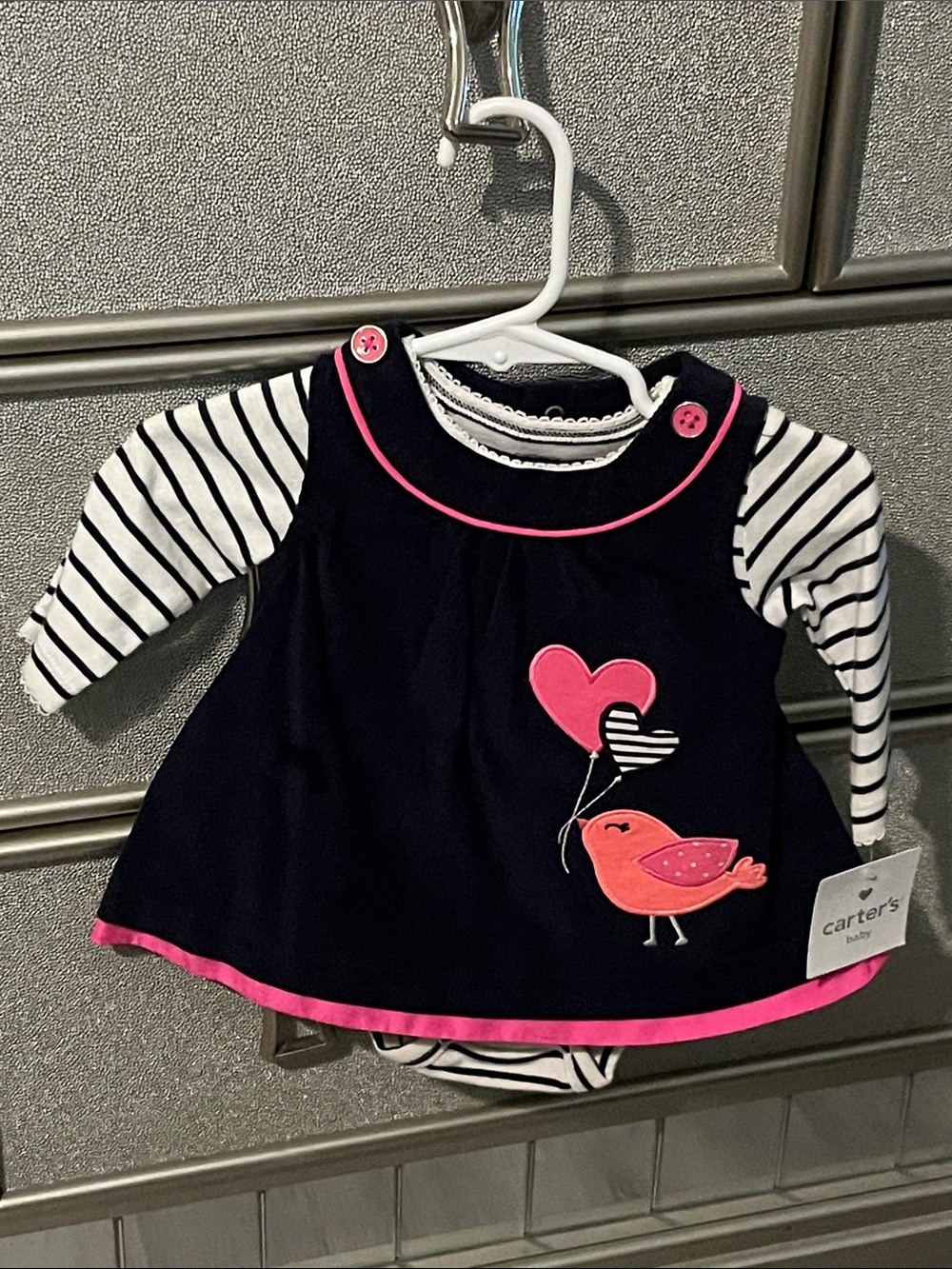 Carter's Navy & Pink Bird Appliqué Dress with Striped Bodysuit